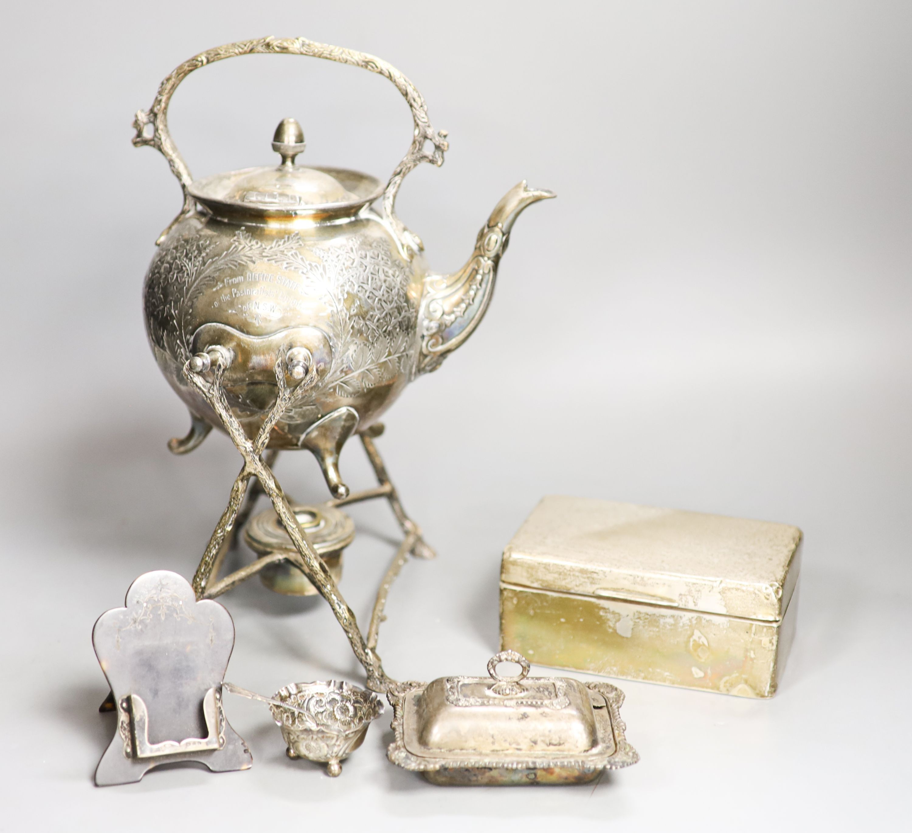 Silver and plated items, plated kettle on stand, butter dish etc